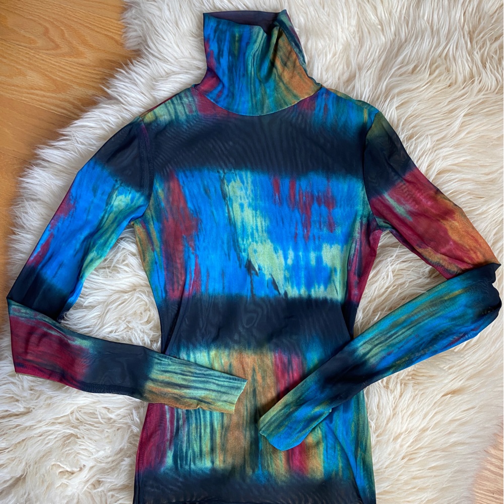 AFRM Long Sleeve Mesh Turtleneck in Multi Blue Green Red